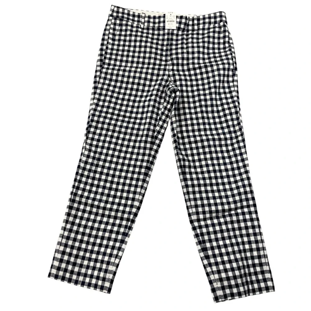 NWT J. Crew Gingham Linen Cotton Holland Pants‎ AW376 Blue White Size 10